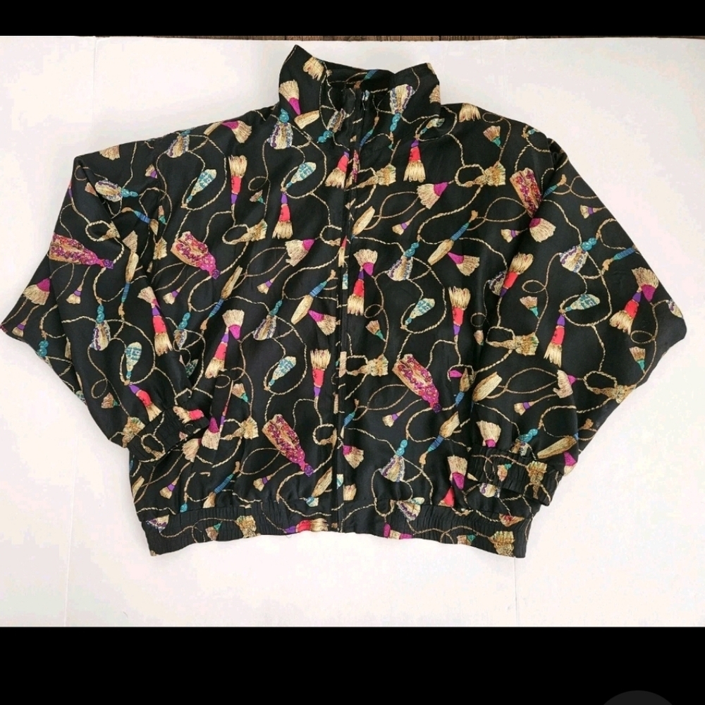 Vintage Rhoda Lynne Jacket Womens L Tassel Print Silk Full Zip Windbreaker Black